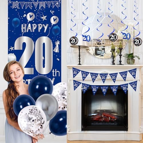 20th Birthday Decorations for Men Boys, Blue 20 Year Old Party Supplies
