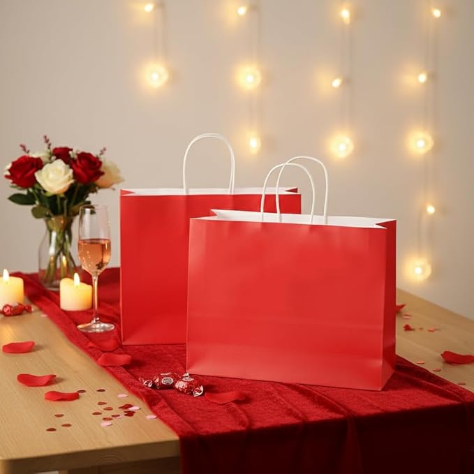 SUNCOLOR Red Gift Bags with Handles, 25 Pack Large 13x10x5.5 Inch Paper Party Favor Bags for Birthday Wedding Shopping Retail