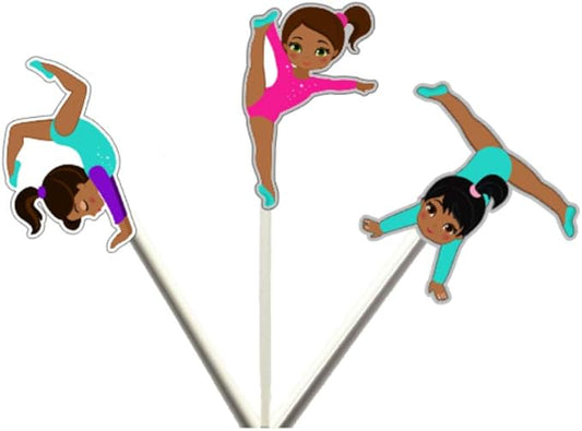 Gymnastics Girls African American Cupcake Toppers, Gymnastics Birthday Cupcake, Gymnastics Cupcake Picks (12 Count)