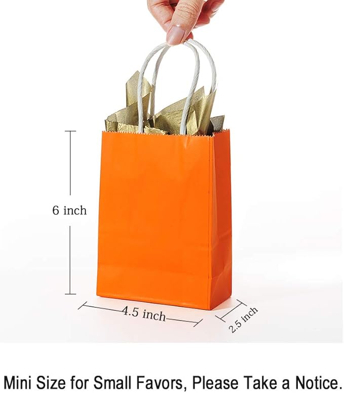 AWELL Small Orange Paper Bags with Handle, Party Favours, 6.5x4.5x2.5 inches, Pack of 24, Ideal for Halloween, Birthday, Wedding, Bridal Shower