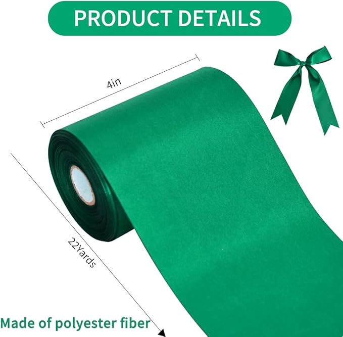 TONIFUL 4 in x 22Yds Wide Dark Green Satin Ribbon Solid Fabric Large Ribbon for Cutting Ceremony Kit Grand Opening Chair Sash Table Hair Car Bow Gift Wrapping Wedding Party Decoration Christmas