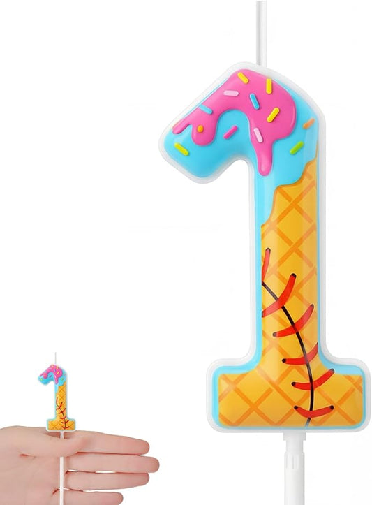 Conelist 1st Baseball Ice Cream Drip Birthday Number Candles Baseball Drip Cake Topper Candle Cupcake Topper Decoration for Sport Theme Happy Birthday Party Favors Anniversary Supplies(1 Pcs)