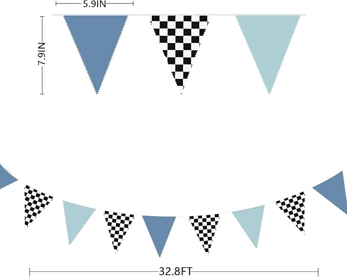 32Ft Racing Party Decorations Dusty Blue Black White Checkered Racing Car Fabric Banner Triangle Flag Pennant Garland Streamers for Boys Race Car Birthday Racetrack Baby Shower NASCAR Picnic Decor