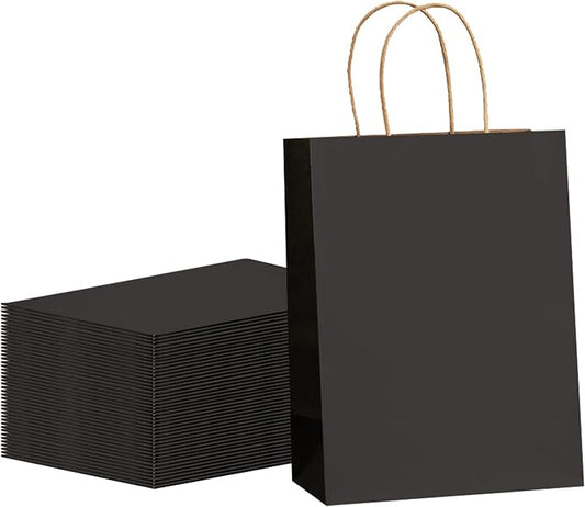 METAPRINT 100 Pcs Paper Gift Bags 8x4.5x10.8 Inch Black Kraft Bag with Handles Bulk for Birthday Wedding Party Favor Bags, Paper Shopping Bags