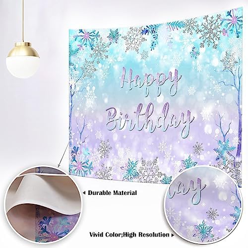 Mocsicka Winter Birthday Backdrop for Girl Ice Snow Birthday Party Decoration Blue Purple Silver Winter Wonderland Banner Snowflake Bokeh Photo Booth Props (Blue Purple, 10x7ft(120''x82''))
