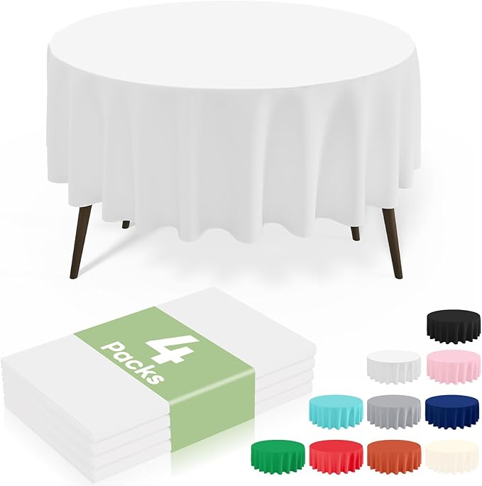 misaya 4 Packs Disposable Plastic Table Cloth, 84" Round Waterproof Tablecloth, Leakproof & Sturdy Decorative Table Covers for Picnic, Party and Outdoor, White