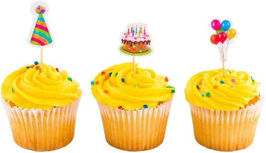 Restaurantware-Top Cake 3.5 x 1.3 Inch Birthday Cupcake Toppers, 24 Piece Assorted Birthday Cupcake Decorations - Cake Decoration Supplies, For Appetizers Or Desserts, Paper Birthday Cupcake Picks