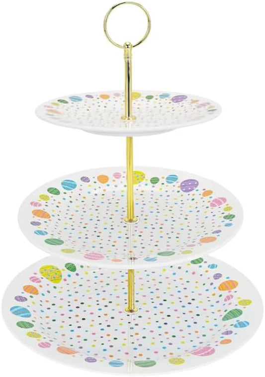 Three Tier Dessert Stand for Entertaining, Decorative Serving Tray for Easter, Tea Parties & Celebrations, Melamine with Gold Metal Handle