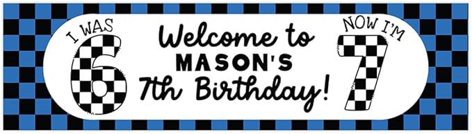 Andaz Press 13x48 Inch Custom 6 7 Birthday Banner Decorations, Personalized Birthday Banner with Custom Name, Blue Checkered Theme 67 Happy Birthday Party Banner for Boys, Home or Party Décor