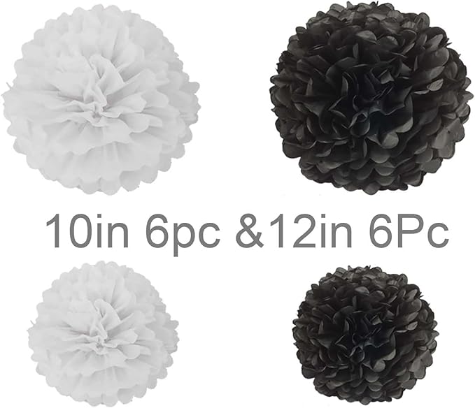 Black and White Tissue Paper Pom Poms Hanging Tissue Flowers Poms Decorations Pack of 12 for Wedding, Birthday,Party Backdrop Decor ect. (12", 10",Tissue Paper Flowers)