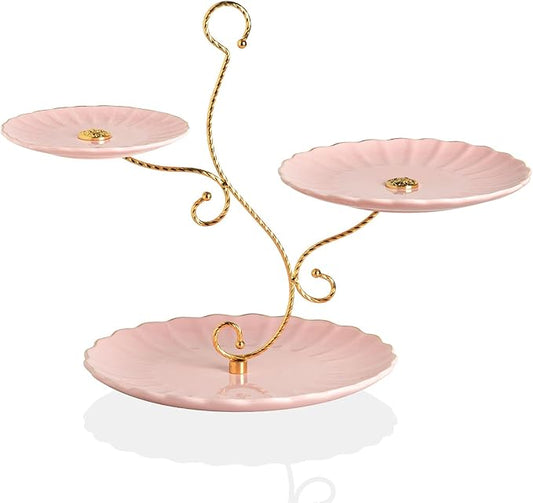Sweejar 3 Tier Ceramic Cake Stand Wedding, Dessert Cupcake Stand for Tea Party Serving Platter (Milk Pink)