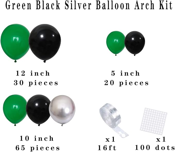 Green, Black, Metallic Silver Balloon Arch Garland Kit - Forest Green Black Balloons Football Birthday Decorations for Jungle Baby Shower Graduation Video Game Birthday Party Decorations