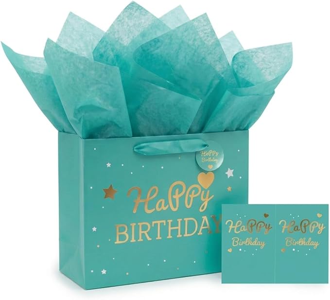 DOUBLESHOOT Green Happy Birthday Gift Bag with Tissue Paper and Card, Medium Gift Bag 13 x 10.2 x 4.9 in, Gold Foil Heart Birthday Gift Bag Set with Handles, 4-Piece Gift Wrap Bag for Women and Girls