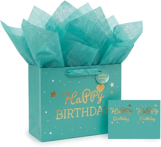 DOUBLESHOOT Green Happy Birthday Gift Bag with Tissue Paper and Card, Medium Gift Bag 13 x 10.2 x 4.9 in, Gold Foil Heart Birthday Gift Bag Set with Handles, 4-Piece Gift Wrap Bag for Women and Girls