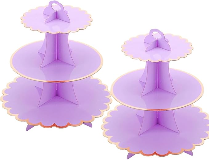 MRPAPA Cardboard Cupcake Stands, Set of 2 Tiered Dessert Trays - 3 Tier Paper Cupcake Tower Holder for 24 Cupcakes, Perfect for Girls' Birthday and Baby Shower Parties (Purple and Gold)