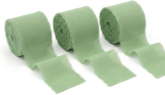 Handmade Chiffon Ribbon 1.5 Inch Wide, 3 Rolls 21 Yards, Frayed Edge Fabric Ribbon for Wedding Bouquets, Invitations & Gift Wrapping (Sage Green)