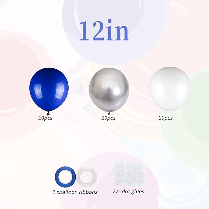 60pcs Blue White Silver Balloons, 12 Inch Royal Blue Metallic Silver Balloons for Class of 2026 Graduation Birthday Wedding Father’s Day Party Decorations