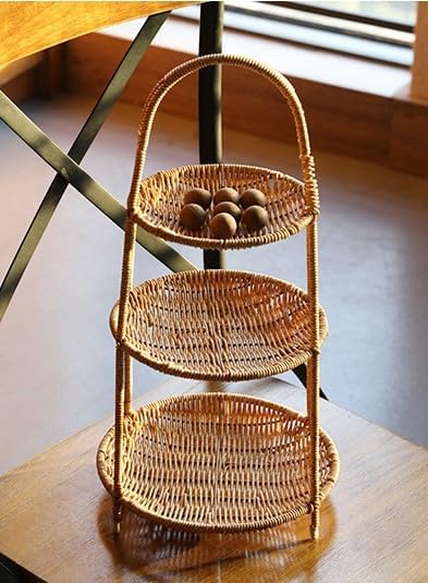 Landtom 3 Tiered Rattan Serving Stand | Serving Tray for Party | Round Wooden Platter for Cupcakes,Fruits,Dessert,Tea,Dried Fruit,Candy Or Snack (Wood 3 Tier-A)