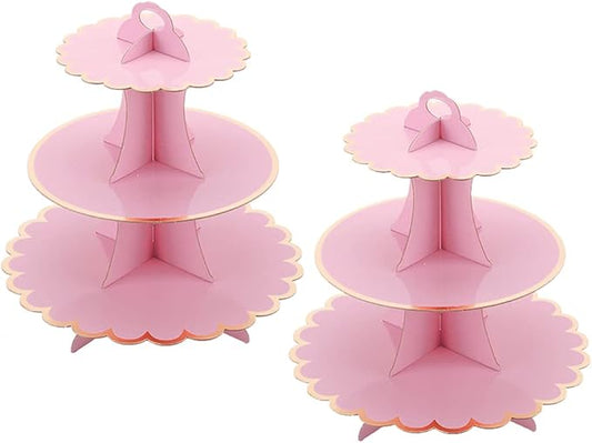 MRPAPA Pink Cardboard Cupcake Stand,2PCS Cup Cake Holder Thick Paper Dessert Tray, 3-Tier Round Serving Tray Perfect for Baby Girls Pink and Gold Birthday Baby Shower Party Supplies