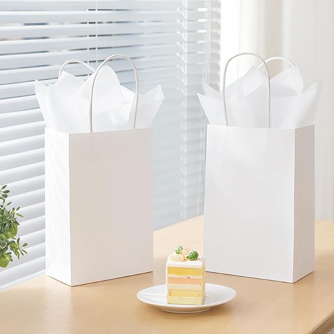SUNCOLOR White Gift Bags with Tissue Paper, 24 Pack Small Kraft Paper Bags, 7.9 x 5.12 x 3.15 Inches, Sturdy Handles for Weddings, Baby Showers, Birthdays, Party Favors