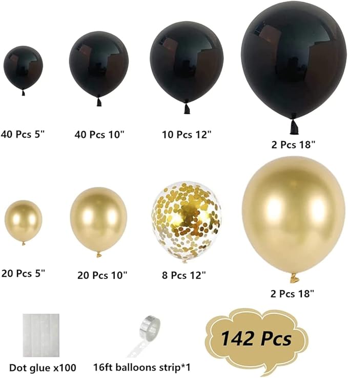 Black And Gold Balloon Garland Arch Kit, Total 142 Pcs 18" 12" 10" 5" Latex Balloon Set for Shower Birthday Wedding Bachelorette Party Decorations Supplies