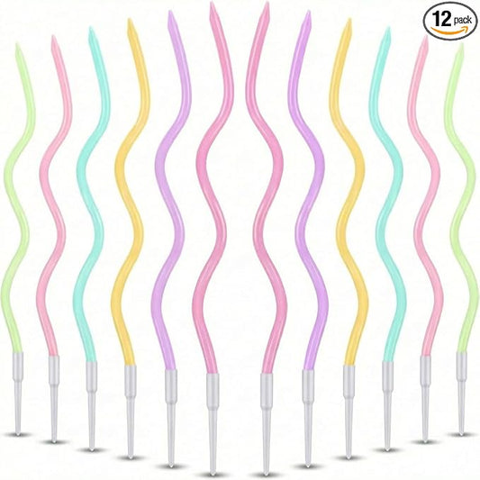 12-Count Spiral Birthday Candles, Long Twisty Party Candles with Candle Holders, Long Burning for Weddings, Birthdays, Party Decorations, Cupcakes, Anniversary and Meetups (Assorted Pastel Colours)