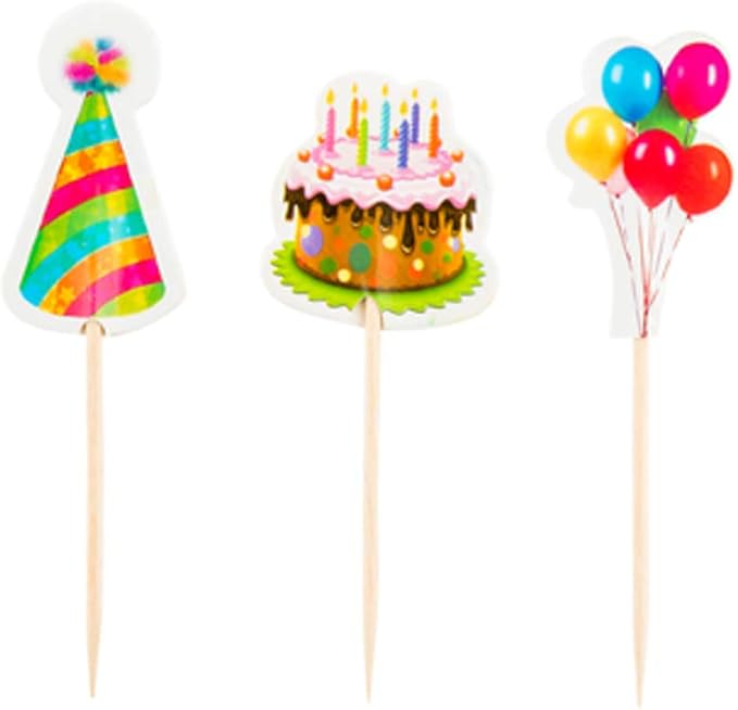 Restaurantware-Top Cake 3.5 x 1.3 Inch Birthday Cupcake Toppers, 24 Piece Assorted Birthday Cupcake Decorations - Cake Decoration Supplies, For Appetizers Or Desserts, Paper Birthday Cupcake Picks
