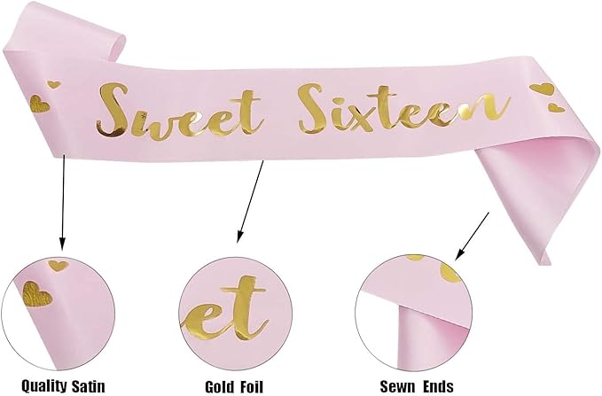 MGJSRNH Sweet Sixteen' Pink Satin Birthday Sash for Girls,Cute Princess Birthday Party Decorations Gifts,Happy 16th Birthdays Party Favor Supplies
