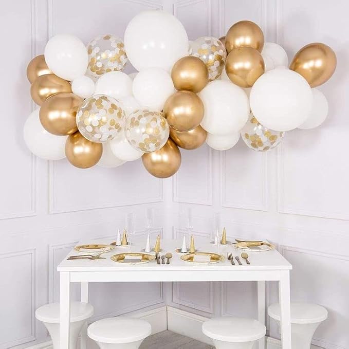 White and Gold Confetti Latex Balloons, 50 Pack 12 inch gold and white Party Balloons with Ribbons for Birthday Graduation Wedding Bridal Shower Party Decoration