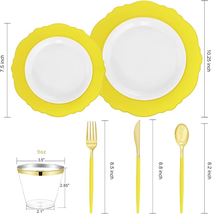 WDF 150pieces Yellow Disposable Dinnerware Hign-end Baroque Design - Sturdy&Durable Baroque Yellow Sunshine&Gold Plastic Dinnerware for Upscale Wedding/Birthday/Party