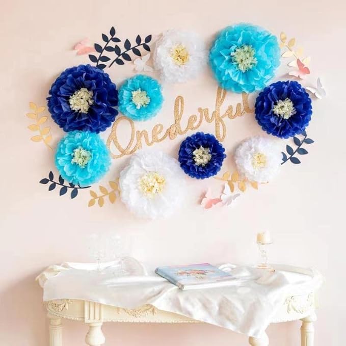 Fonder Mols Tissue Paper Chrysanth Flowers with Butterfly and Olive Leaves for Wedding Baby Shower Nursery Room Parties & Events Decorations Pom Poms (Navy Turquoise White)