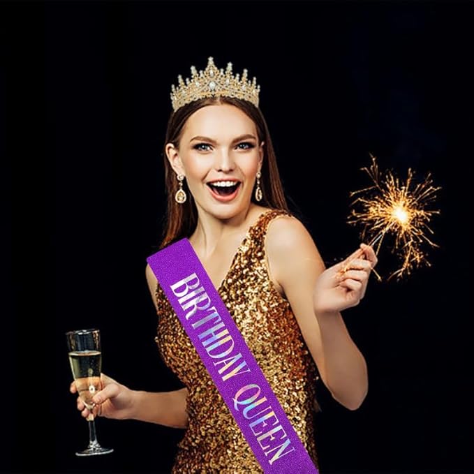 MGJSRNH Birthday Queen Sash,Purple Glitter Satin with Silver Iridescence Foil Sash for Women Girls,Party Decorations Supplies for Sweet 13, 18, 21,30,40,50 or Any Other Bday Party