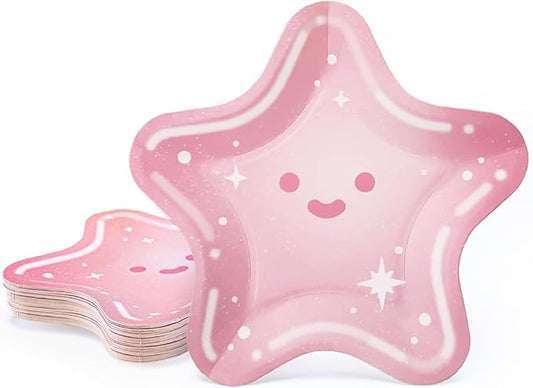 Cheerland Baby Pink Star Shaped Plates Disposable Paper Plate For Girl Superstar Birthday Party Decorations Colorful Tableware Smiling Sparkle Kawaii Pink Baby Shower Decor Gender Reveal Pack Of 48