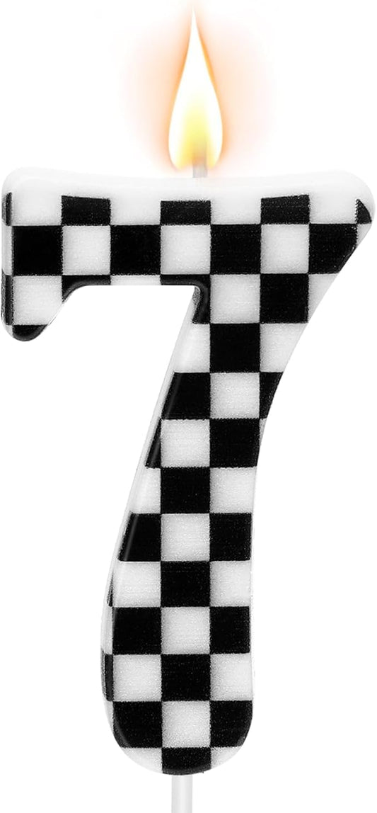 Racing Car Themed Birthday Candles, Number 7 Checkered Candles, Black & White Checkered Cake Decoration, Car Cake Topper for Party Decoration Theme Party Supplies
