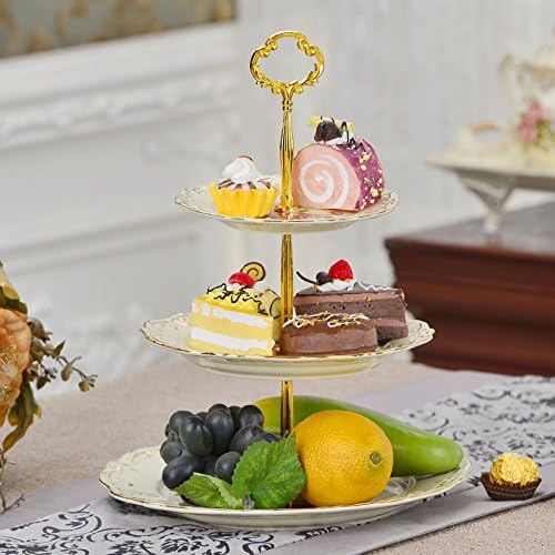 YOLIFE Red Rose Pattern 3 Tiered CupCake Stand, Emboss Golden Leaves Edge Porcelain 3 Tier Pastry Desert Fruit Stand
