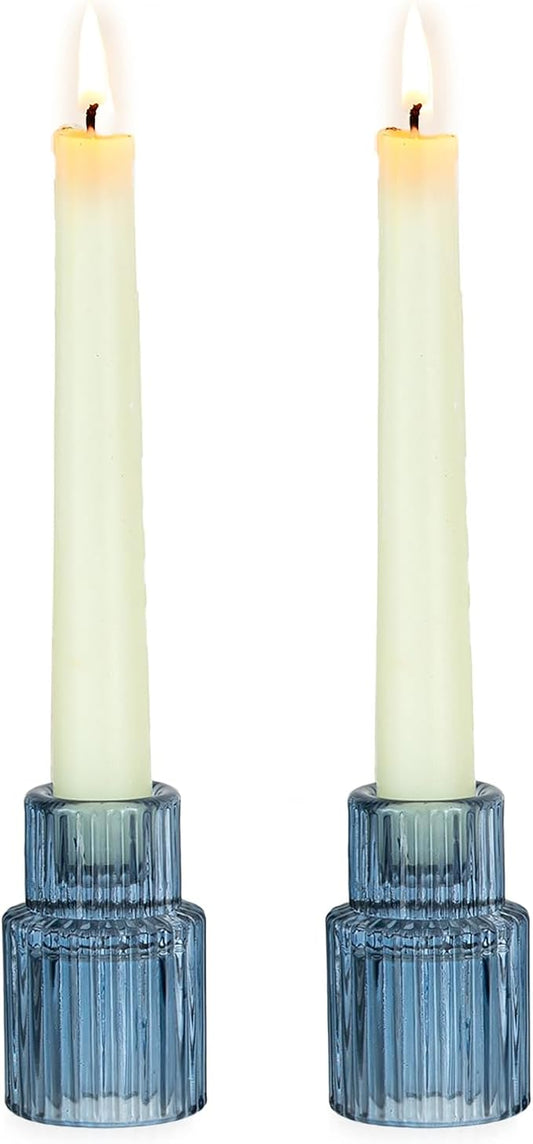 Hewory Glass Candlestick Candle Holder: 2PCS Blue Glass Taper Candle Holders for Table Centerpiece, Vintage Tapered Candlestick Holders for Christmas Centerpiece Wedding Party Holiday Home Decor