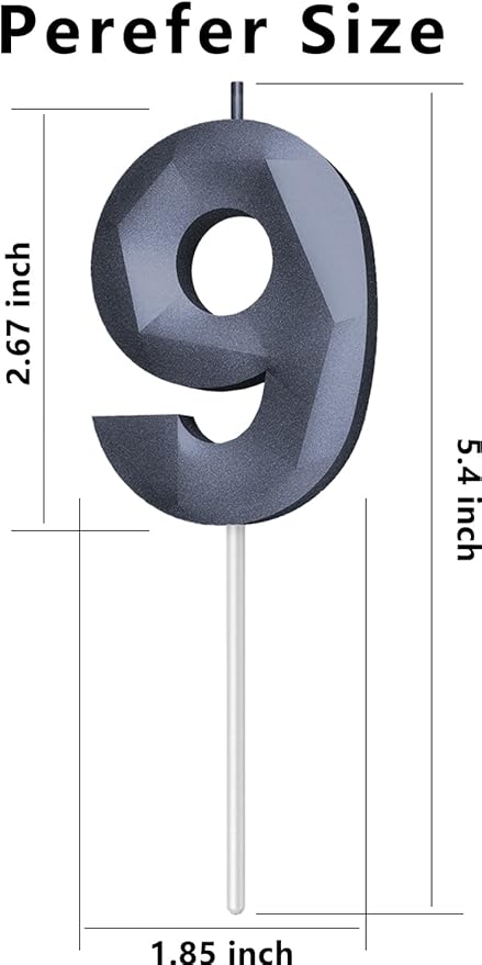 Number Birthday Candles(9 Candle Black) 3D Diamond Shape 9th Happy Birthday Cake Topper Decorations for Boy Men Birthday Wedding Anniversary Celebration Theme Party Supplies