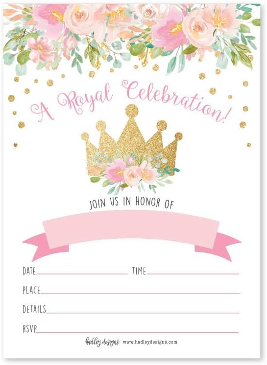 Hadley Designs Kids Birthday Invitations Girl Princess Theme - 25 Royal Birthday Party Invitations For Girls, Princess Invites For Girls, Cute Party Supplies, Made in USA