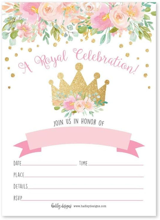 Hadley Designs Kids Birthday Invitations Girl Princess Theme - 25 Royal Birthday Party Invitations For Girls, Princess Invites For Girls, Cute Party Supplies, Made in USA