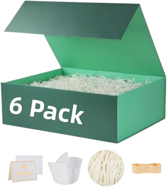 UoeRing 6 Pack Green Gift Box Large 13.5x11.8x4.7 inch Luxury Gift Box for Presents with Magnetic Closure Lid Collapsible,Birthday,Christmas,Contains Card, Ribbon, Tissue Paper,Shredded Paper Filler