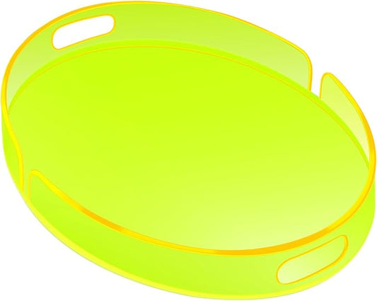 Acrylic Serving Tray with Handles Large Decorative Ottoman Tray 17x13'' Round for Bathroom Food Coffee Fruit Snack Tea Dinner Living Room, Neon Green