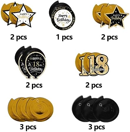 Happy 18th Birthday Black & Gold Glitter Swirls Streamers Party Decorations - 15 Pcs 18th Birthday Hanging Swirls Streamers Kit,Cheers to Eighteen Years Old Bday Party Sign.