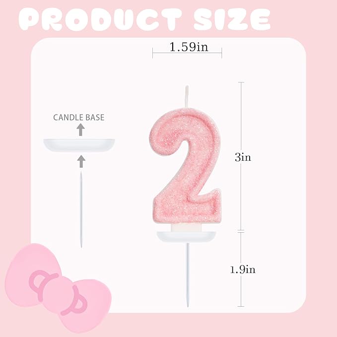Pink Birthday Candles - Number 2 Candle for 2nd Birthday Decorations for Girl, Two Sweet Ice Cream Party Decorations for Girls