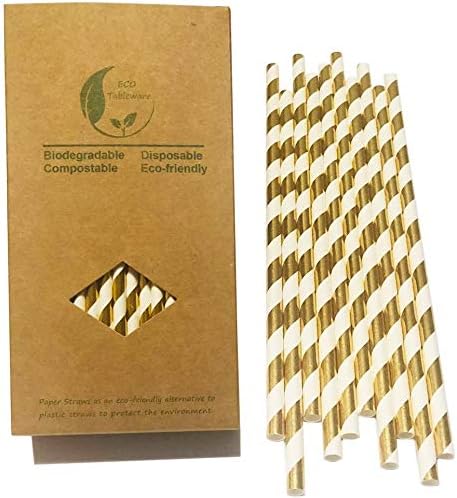 Shining Gold Striped Paper Straws, 100% Biodegradable Decorate Straws, Premium Cocktails Straws for Drinking, Juice, Smoothie Packed 100