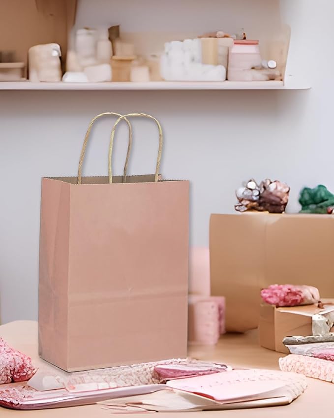 qiqee 32-Packs Fresh Pink Paper Gift Bags with Handles Bulk 8.26"×6"×3.15" Small Size Gift Bags Multiple Uses