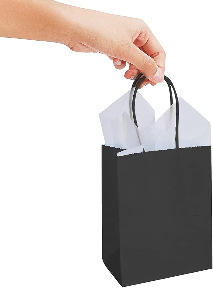 DjinnGlory 60 Pack Tiny Mini Black Paper Gift Party Goodie Bags with Handles Bulk 6.3 x 4.7 x 2.75 Inch for Halloween Birthday Favors Treats, DIY Crafts, Small Business Merchandise Kraft Bags
