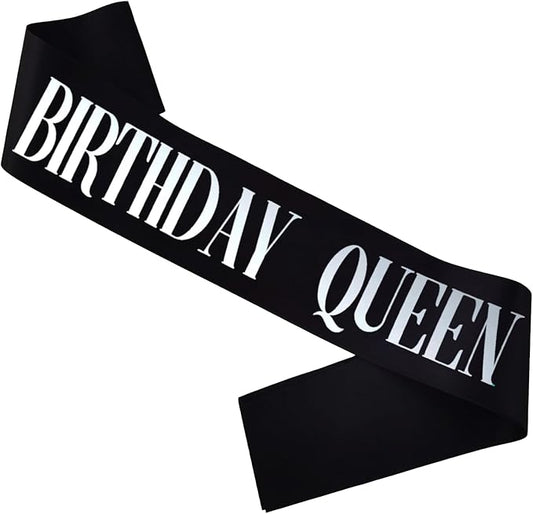 Birthday Queen Sash, Silver Foil Black Birthday Sash for Women 21st 30th 40th 50th 60th 70th Fun Birthday Party Favors Gifts Decorations