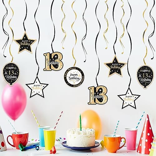 Happy 13th Birthday Black & Gold Glitter Swirls Streamers Party Decorations - 15 Pcs 13th Birthday Hanging Swirls Streamers Kit,Cheers to Thirteen Years Old Bday Party Sign.