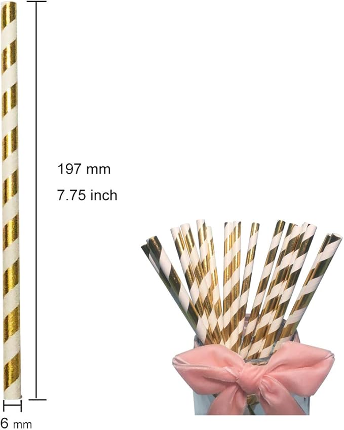 Disposable Gold and White Paper Drinking Straw, Pack of 100 Foil Gold Striped Straws for Cocktail, Cake Pop Sticks, Brithday, Wedding, Christmas Party Decoration