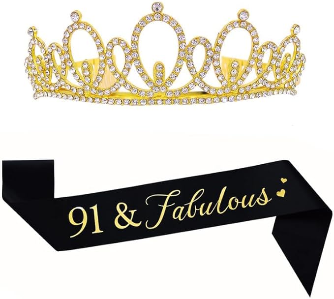 Mayin Happy 91st Birthday Tiara and Sash Gifts Crystal Rhinestone Princess Crown Birthday Women Party Favor Supplies Gold Crowns Black Sash